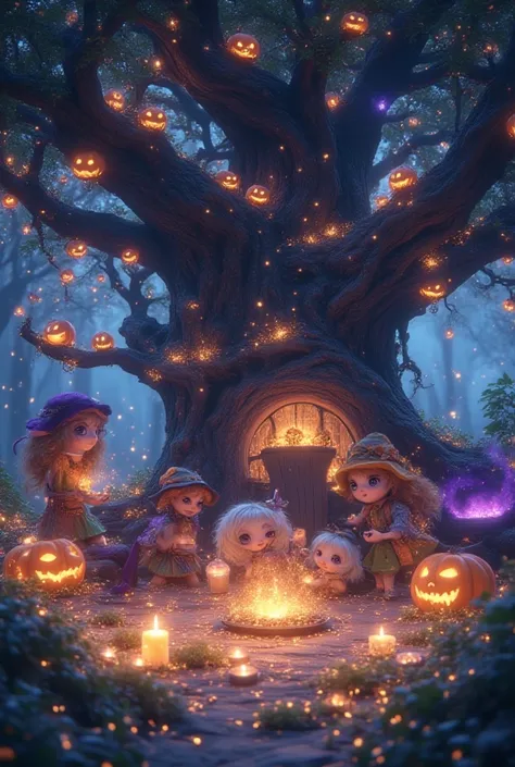 anime, chibi characters with big eyes and small bodies are having a Halloween party in the enchanted tree house, glowing potions...