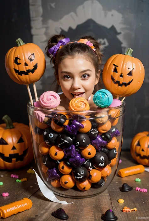 Halloween candy party sticker pack, cute ghosts, pumpkins, candies, lollipops, cupcakes with spooky faces, colorful and cheerful...