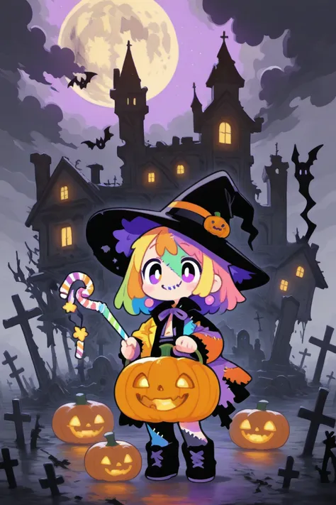 cute, pop, kawaii,
spooky graveyard, gothic atmosphere, crooked tombstones, old church ruins, fog, bare twisted trees, full moon...