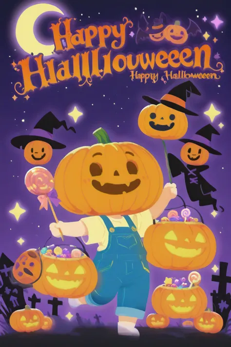 cartoon-style graveyard, cute halloween atmosphere, rounded tombstones, glowing pumpkins, soft moonlight, playful ghosts, purple...