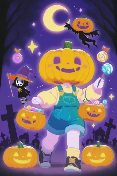 cartoon-style graveyard, cute halloween atmosphere, rounded tombstones, glowing pumpkins, soft moonlight, playful ghosts, purple...