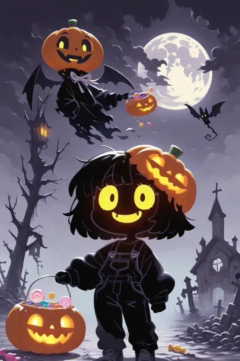 spooky graveyard, gothic atmosphere, crooked tombstones, old church ruins, fog, bare twisted trees, full moon, dark clouds, jack...