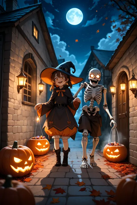 A cinematic Halloween night scene on a quiet suburban street, bathed in eerie moonlight and orange glow from jack-o'-lanterns. T...