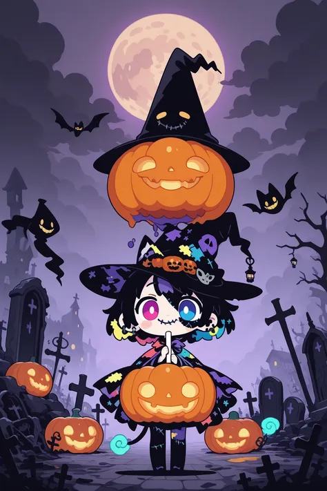 cute, pop, kawaii,
spooky graveyard, gothic atmosphere, crooked tombstones, old church ruins, fog, bare twisted trees, full moon...