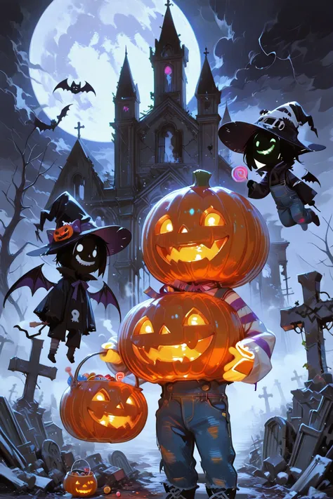 spooky graveyard, gothic atmosphere, crooked tombstones, old church ruins, fog, bare twisted trees, full moon, dark clouds, jack...