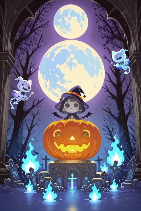 fantasy graveyard, glowing runes on tombstones, enchanted mist, blue ethereal flames, giant full moon, skeletal trees, gothic ar...