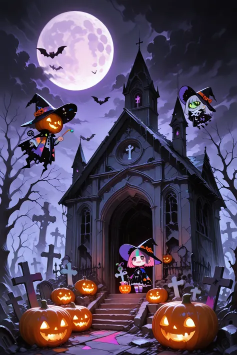 cute, pop, kawaii,
spooky graveyard, gothic atmosphere, crooked tombstones, old church ruins, fog, bare twisted trees, full moon...
