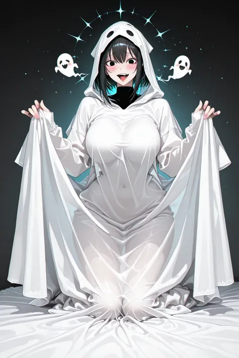 Two figures stand in a room, draped in white sheets crafted to resemble playful ghost costumes. The fabric cascades over their f...