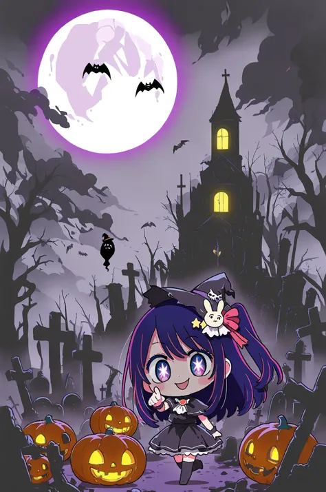 spooky graveyard, gothic atmosphere, crooked tombstones, old church ruins, fog, bare twisted trees, full moon, dark clouds, jack...