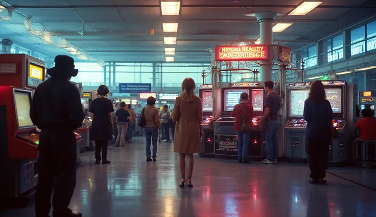 Early 1990s airport terminal with futuristic virtual reality entertainment pods, passengers wearing bulky VR headsets and gloves...