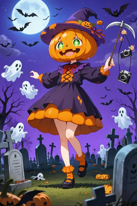 A girl in a pumpkin hat dancing happily at the graveyard，Surrounding bats and ghosts are flying in the air，The moon and earth ro...