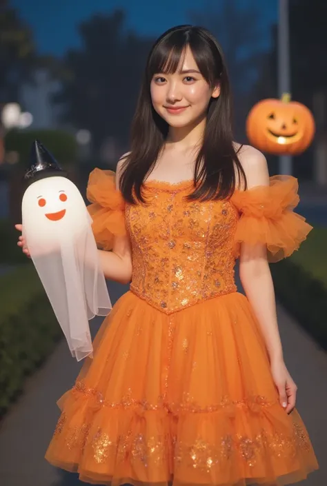 Halloween costume。witch based on orange。with a ghost pumpkin floating。Tsukiakari at night 、Mysterious full-body image in the moo...