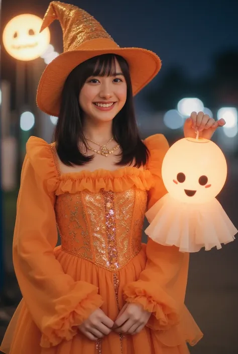 Halloween costume。witch based on orange。with a ghost pumpkin floating。Tsukiakari at night 、Mysterious full-body image in the moo...