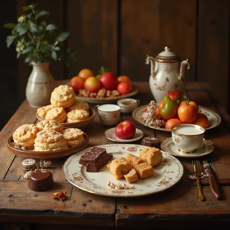 Un très bon goûter : des biscuits, des chocolats et des fruits sur une belle table ancienne vintage