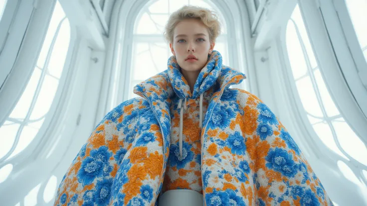 A woman wears an extremely voluminous coat with a baroque print made up of blue and orange flowers. The model displays a serious...