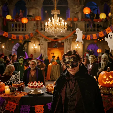 Halloween Masquerade Party、a gorgeous hall like an old castle、the warm light of pumpkin lanterns、Mr.々An impressive composition t...