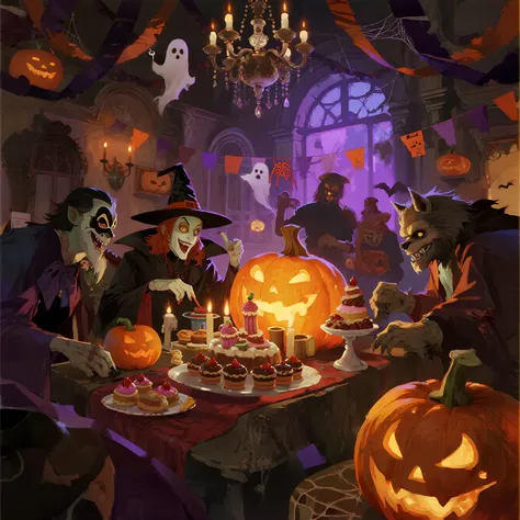 Halloween Masquerade Party、a gorgeous hall like an old castle、the warm light of pumpkin lanterns、Mr.々An impressive composition t...