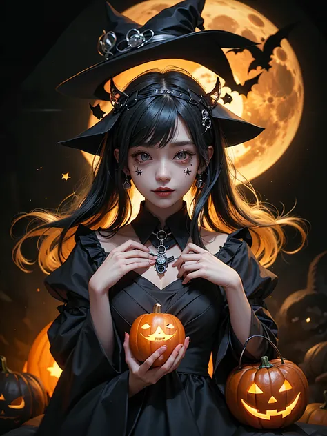 Cute girl, Halloween costume, happy expression, black cat ear hair accessory, orange and black candy color dress, full moon scen...