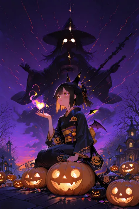 Halloween witches fly through the sky, throw sweets stuffed into jack-o'-lanterns from the sky, wearing bat wings, kimono-style ...