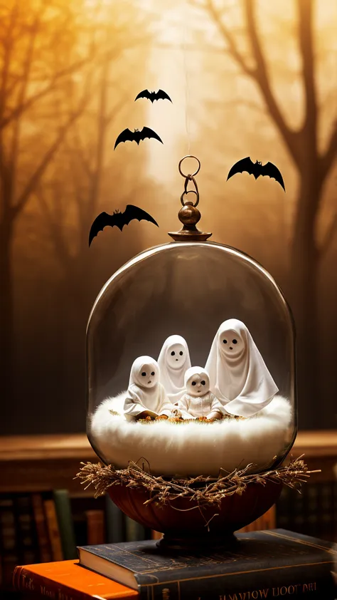 ultra-detailed, finely, detail, tiny ghost family floating together, parent ghosts with baby ghost, white ethereal forms, loving...