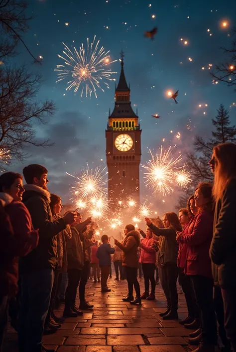 A festive New Year’s Eve celebration near a clock tower striking midnight, where a group of joyful young people around 20–21 yea...