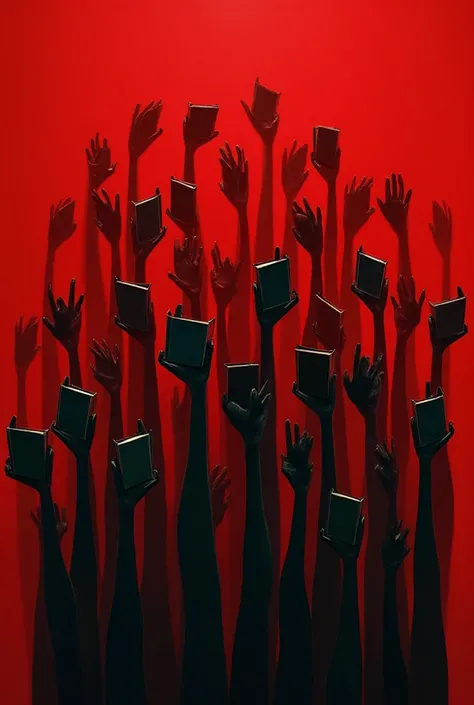Artistic composition of dozens of black hands emerging from a scarlet red background, , each holding a different book in varying...