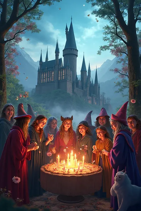 Generate a birthday picture, robes based on Harry Potter, Hogwarts Castle should be visible in the background, fantasy character...