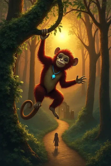 A whimsical scene painted in rich, warm tones features a playful monkey swinging from a vine in a lush, forested setting. The mo...