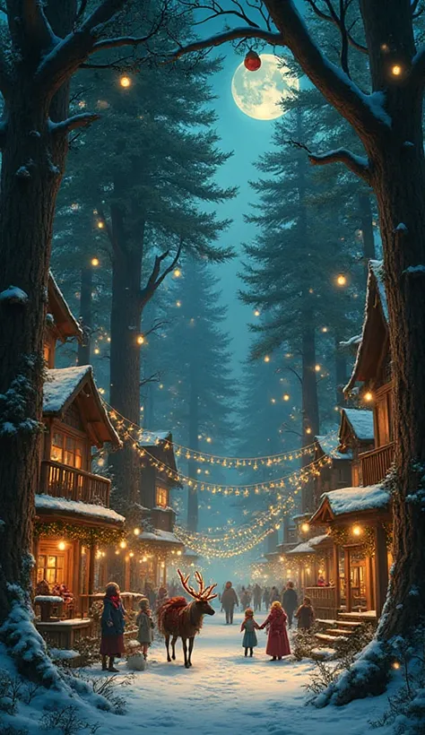 Whimsical fantasy art, a Christmas festival in a town built among massive, ancient pine trees, wooden walkways and treehouses st...