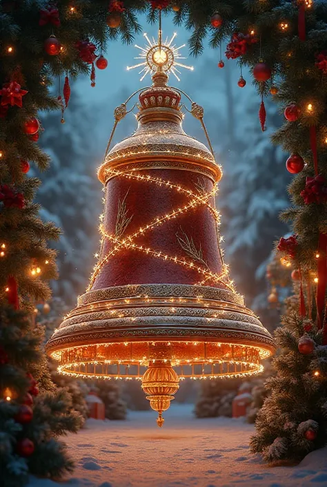 A BELL OCCUPYING MOST OF THE CHRISTMAS WORK WITH MANY CHRISTMAS DECORATIONS DECORATING THE BELL WITH FLASHES OF LIGHT AND FULL 4...
