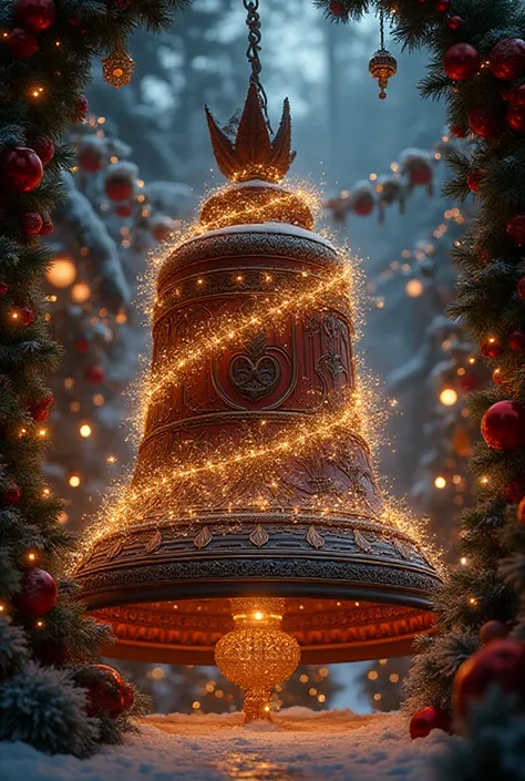 A BELL OCCUPYING MOST OF THE CHRISTMAS WORK WITH MANY CHRISTMAS DECORATIONS DECORATING THE BELL WITH FLASHES OF LIGHT AND FULL 4...