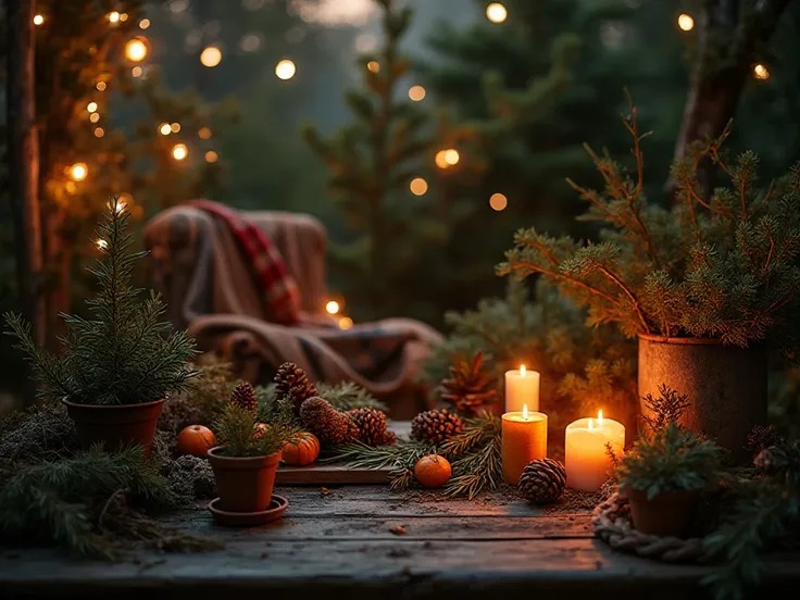 A cozy winter garden at dusk, glowing softly with a few warm fairy lights and candles scattered among plants and rustic décor. N...