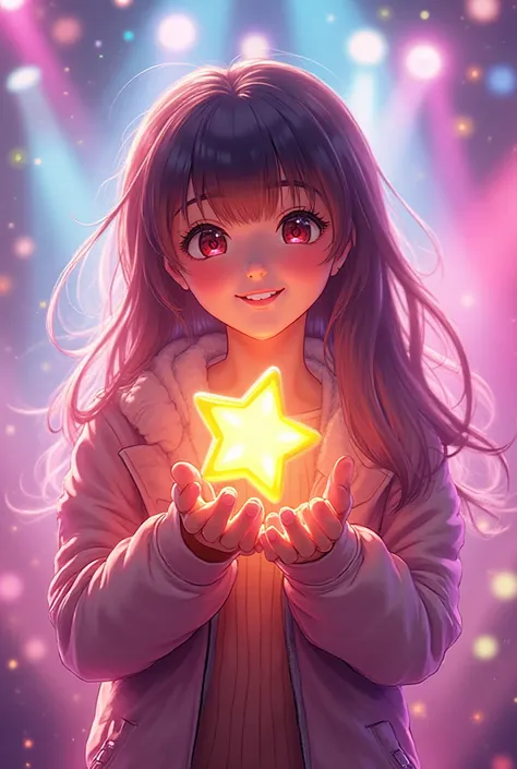 young adult idol performer (18-25) holding star-shaped coin, cartoon realistic, glowing stage lights, pastel color palette, frie...