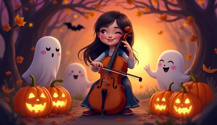 A cute, cheerful Halloween scene with a smiling cartoon-style cellist (young woman or man) playing a cello surrounded by glowing...