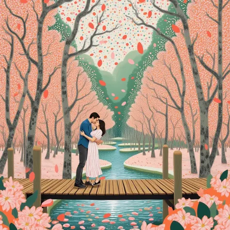 , close up of a man and a woman , kissing on a wooden bridge , Peach flowers on both sides of the river ., Countless pink petals...