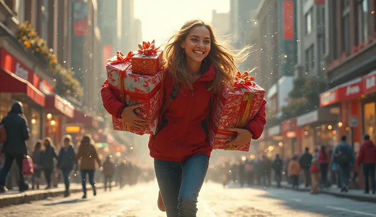 Cheerful young woman running in the street carrying Christmas boxes presents. 
