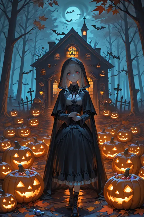 1girl, shrpst,748cmstyle,masterpiece, halloween, spooky, autumn leaves, pumpkins, witches, bats, moonlit night, foggy forest, ha...