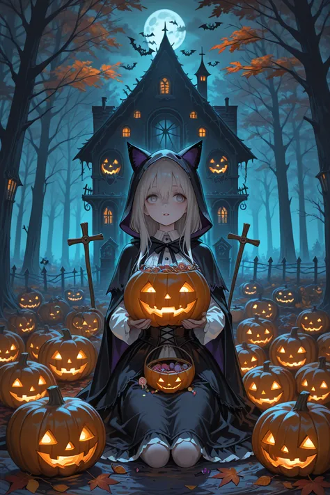 1girl, shrpst,748cmstyle,masterpiece, halloween, spooky, autumn leaves, pumpkins, witches, bats, moonlit night, foggy forest, ha...