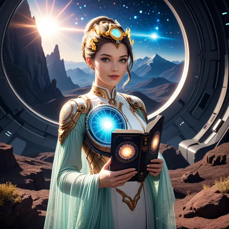 A majestic futuristic female scientist standing in front of a cosmic landscape, inspired by space, knowledge and artificial inte...