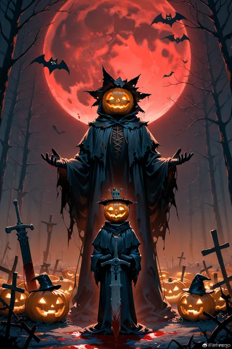 Halloween, tin scarecrow, jack o lantern head, Tattered Robe, Great Sword, in the dark forest, Blood Moon, masterpiece, Highest ...