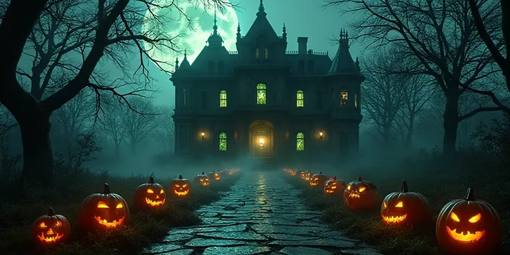 A haunted Victorian mansion under moonlight, fog creeping across overgrown garden, jack-o'-lanterns with eerie flickering flames...
