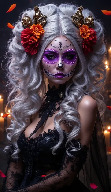 (Captivating realistic portrait in the Hime Gyaru style,  Ultra-detailed Close-up , Halloween cinematic lighting, white woman wi...