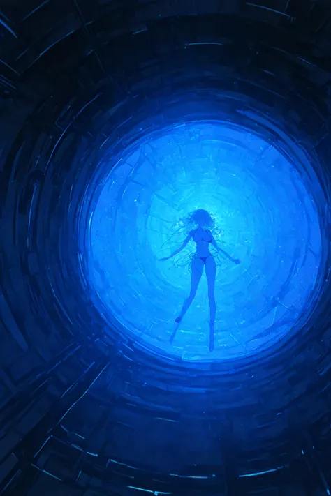 1 female android、blue bob、  micro bikini、abandoned space station, Female Android that Reboots After a Long Sleep, Futuristic Sui...