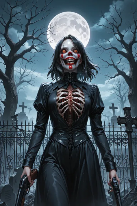 ((Horror Movie Style Clown Costume)), 
break 

(background: Midnight Old Western Graveyard, Misty Atmosphere, Broken Tombstone, ...