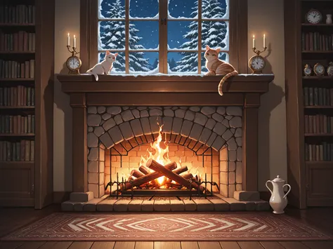 Highest Quality, Winter Interior Paintings, precise depiction, winter fireplace, Burning Wood Flames, Softly Illuminating a Trad...