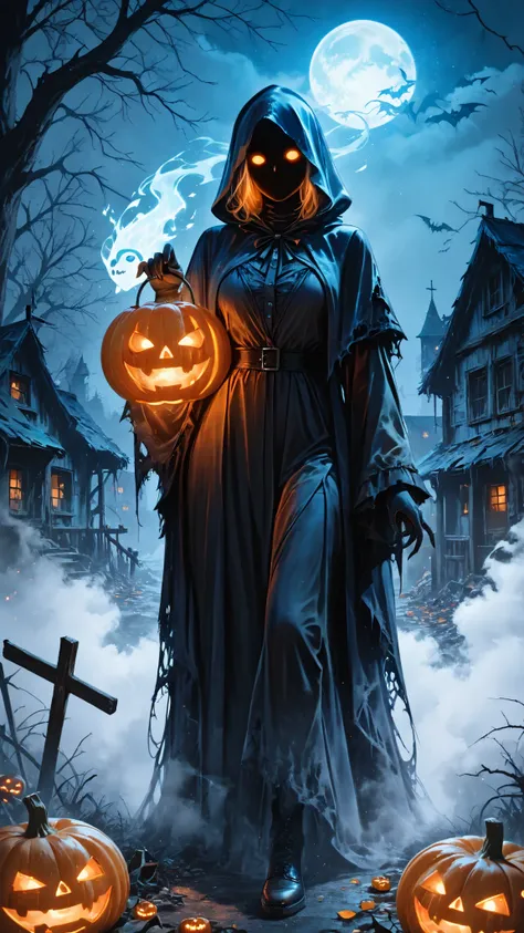 a haunting ghostly figure emerging from dark mist in an abandoned village, Halloween night, flickering jack-o'-lanterns, decayed...