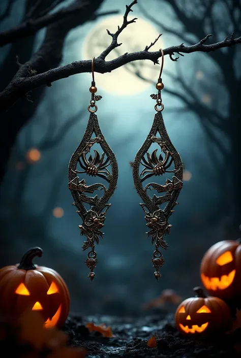Promotional image of earrings with. Halloween theme