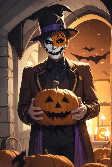 A man in a pumpkin librettist mask. Halloween, atmosphere