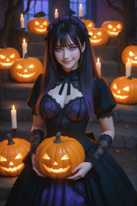 a stunning woman wearing an elegant halloween cosplay costume, intricate gothic outfit with lace and velvet, glowing pumpkin lan...