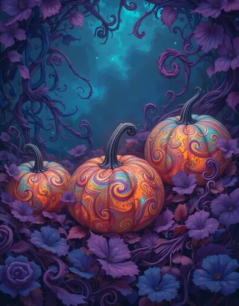 Three pumpkins take center stage in a captivating and surreal image, each exhibiting a mesmerizing array of vibrant swirls and i...